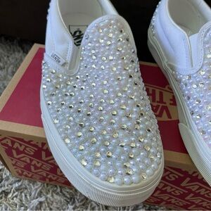 VANS Classic Slip-On sneakers customized with Pearls and Rhinestones Sz 8